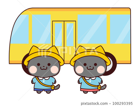 Black cat and kindergarten bus in light blue kindergarten clothes Black cat and kindergarten bus in light blue kindergarten clothes 100293395