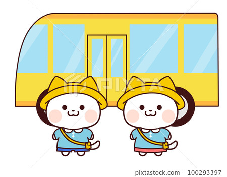 White cat and kindergarten bus in light blue kindergarten clothes White cat and kindergarten bus in light blue kindergarten clothes 100293397