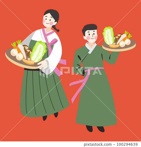 Korean people female and male chef holding food ingredients with hanbok. 100294639