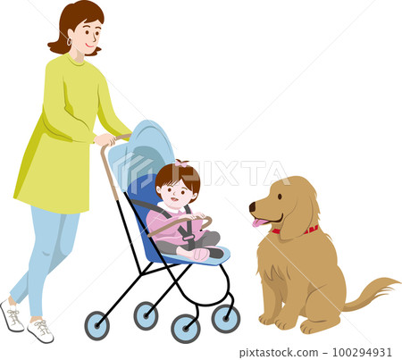 媽媽和金毛推著嬰兒（女孩）嬰兒車 100294931