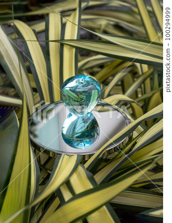 Crystal blue apple ball is reflected to the surface of round silver mirror surrounded by the Spider plant leaves. Crystal blue apple ball is reflected to the surface of round silver mirror surrounded by the Spider plant leaves. 100294999