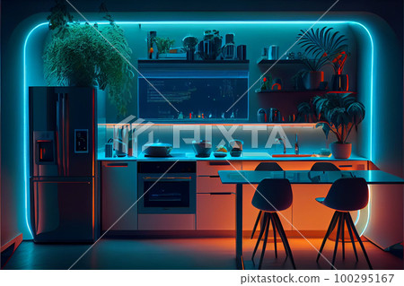 Modern kitchen with colored led lights. Smart house interior. Modern kitchen with colored led lights. Smart house interior. 100295167