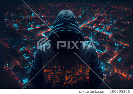 Faceless hacker at work with hacker detected inscription 100295266