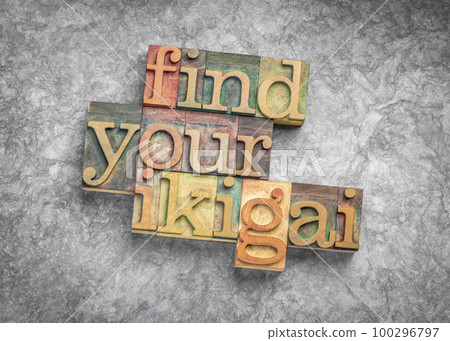 find your ikigai word abstract in letterpress wood type - Japanese concept of a reason for being and life purpose 100296797