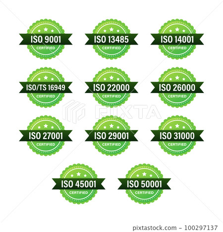 Set of ISO Certification stamp and labels. ISO Certified badge. Information security management 100297137