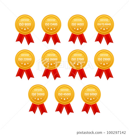 Set of ISO Certification stamp and labels. ISO Certified badge. Information security management 100297142