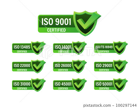 Set of ISO Certification stamp and labels. ISO Certified badge. Information security management 100297144
