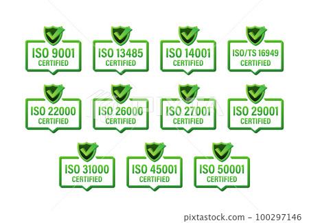 Set of ISO Certification stamp and labels. ISO Certified badge. Information security management 100297146