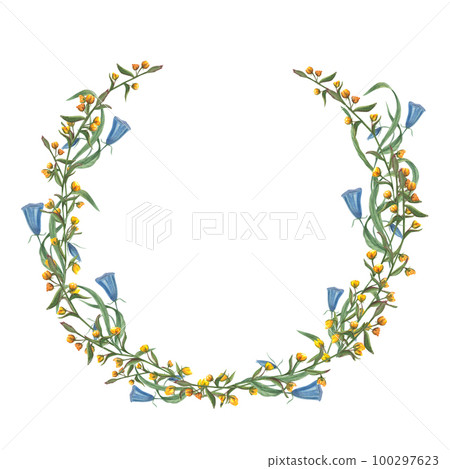 Watercolor wreath with flowers isolated on white background. Botanical hand drawn painting for postcard design, invitation template, cards, banner design, postcards Watercolor wreath with flowers isolated on white background. Botanical hand drawn painting for postcard design, invitation template, cards, banner design, postcards 100297623