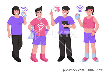 Cartoon characters using mobile wireless technology for faster connectivity with smartphones and tablet vector illustration. 5G wireless network technology concept 100297795