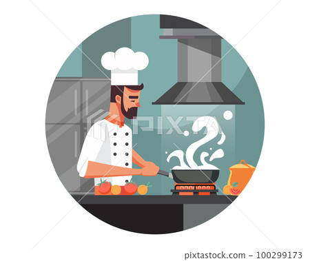 chef cooking, Chef preparing meal in the kitchen, chef at work, vector illustration chef cooking, Chef preparing meal in the kitchen, chef at work, vector illustration 100299173