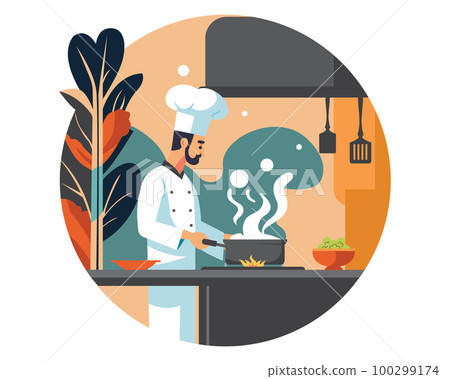 chef cooking, Chef preparing meal in the kitchen, chef at work, vector illustration 100299174