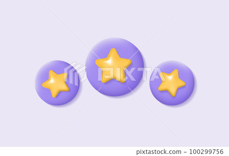 3d golden stars for rating in purple circles. Customer review or feedback from clients concept. Realistic vector illustration for website or mobile applications 100299756