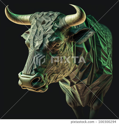 Green bull head on black background. Market, crypto currency or stocks trading, financial and business concept. AI Green bull head on black background. Market, crypto currency or stocks trading, financial and business concept. AI 100300294