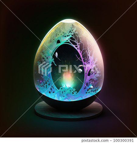 Neon Futuristic Easter egg on podium, dark background. Glowing magical fairytale egg, dark background Neon Futuristic Easter egg on podium, dark background. Glowing magical fairytale egg, dark background 100300391
