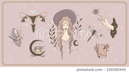 Modern boho banner with vintage magical items, witch in hat, womb, spell book, magic crystal. Halloween sticker set. Vector. Modern boho banner with vintage magical items, witch in hat, womb, spell book, magic crystal. Halloween sticker set. Vector. 100300445