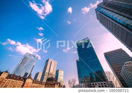 Tokyo cityscape in Japan Looking at Tokyo Midtown Yaesu and Tokyo Station red brick station building opened today = March 10 100300721