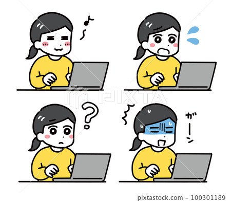 A woman in plain clothes who makes various expressions in front of a computer 100301189