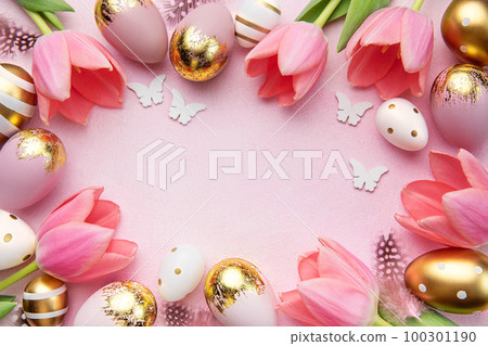 Pink tulips and Easter eggs background 100301190