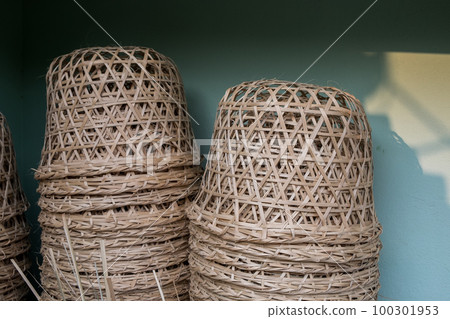 Traditional Bamboo Basket Woven from Bamboo Stripe, ASIAN Local Culture Handicraft Equipment and Design 100301953