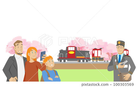 Foreign family on a trolley train that runs along the cherry blossom trees 100303569
