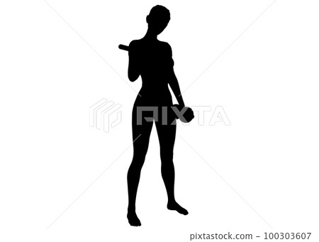 一個女人用啞鈴做上臂訓練的斜側身輪廓 一個女人用啞鈴做上臂訓練的斜側身輪廓 100303607