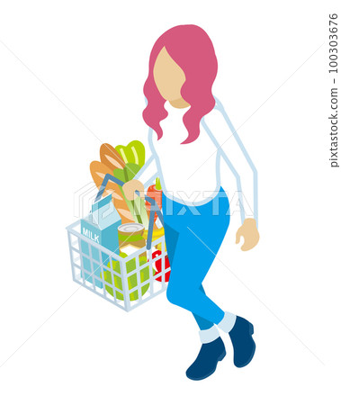 購物者提著裝滿雜貨的購物籃走路的女人 - 長袖襯衫 購物者提著裝滿雜貨的購物籃走路的女人 - 長袖襯衫 100303676