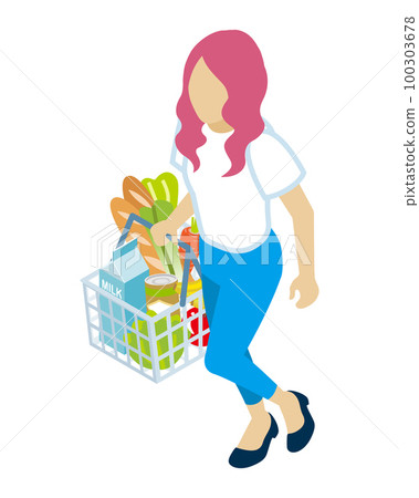 購物者提著裝滿雜貨的購物籃走路的女人-短袖襯衫 購物者提著裝滿雜貨的購物籃走路的女人-短袖襯衫 100303678