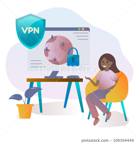 Cybersecurity and virtual private network concept. Person using VPN for computer with VPN sign. Users protecting personal data with VPN service. Vector illustration in cartoon style. 100304449