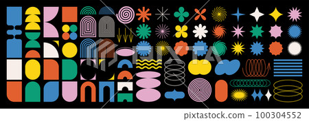 Brutalist abstract geometric shapes and grids. Brutal contemporary figure star oval spiral flower and other primitive elements. Swiss design aesthetic. Bauhaus memphis design. Brutalist abstract geometric shapes and grids. Brutal contemporary figure star oval spiral flower and other primitive elements. Swiss design aesthetic. Bauhaus memphis design. 100304552