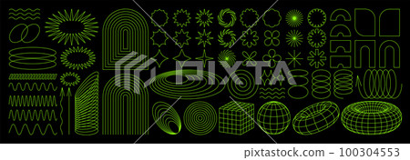 Geometry wireframe shapes and grids in neon acid color. 3D hearts, abstract backgrounds, patterns, cyberpunk elements in trendy psychedelic rave style. 00s Y2k retro futuristic aesthetic. Geometry wireframe shapes and grids in neon acid color. 3D hearts, abstract backgrounds, patterns, cyberpunk elements in trendy psychedelic rave style. 00s Y2k retro futuristic aesthetic. 100304553