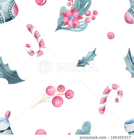 ChristChristmas watercolor seamless pattmas watercolor seamless pattern, gift, lantern, lollipop, sock, branch, ball. Festive pattern on white background, for fabric, packaging, digital paper, poster. 100305557