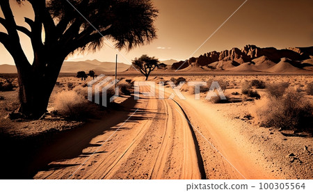 A dusty desert road, rugged, barren, arid, winding, expansive, captured with a vintage, Generative AI, illustration A dusty desert road, rugged, barren, arid, winding, expansive, captured with a vintage, Generative AI, illustration 100305564