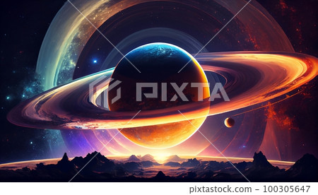 A planet with a ring system in the foreground, with a colorful galaxy in the background., Generative AI, illustration 100305647