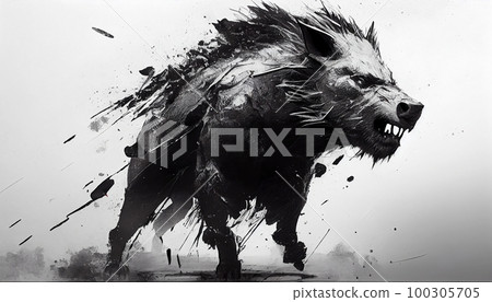 a painting drawing of aggressive boar by watercolor dark style, Generative AI, illustration 100305705