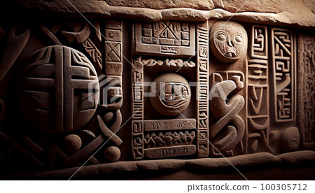 A sandstone texture with carved symbols and hieroglyphs, creating a mysterious and ancient feel, Genetive AI, Illustration A sandstone texture with carved symbols and hieroglyphs, creating a mysterious and ancient feel, Genetive AI, Illustration 100305712
