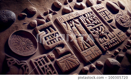A sandstone texture with carved symbols and hieroglyphs, creating a mysterious and ancient feel, Genetive AI, Illustration A sandstone texture with carved symbols and hieroglyphs, creating a mysterious and ancient feel, Genetive AI, Illustration 100305720