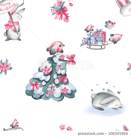 Christmas watercolor seamless pattern, gift, lantern, lollipop, sock, branch, ball. Festive pattern on white background, for fabric, packaging, digital paper, poster. 100305808