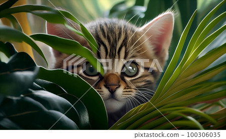 A playful tabby kitten peeking out from behind a.plant, Generative AI, illustration 100306035