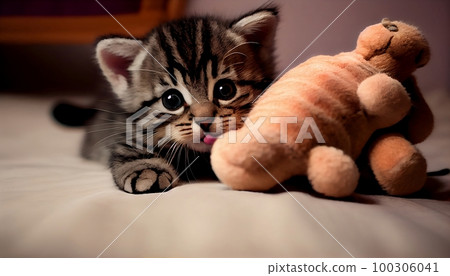 A playful tabby kitten peeking out from behind a toy., Generative AI, illustration 100306041