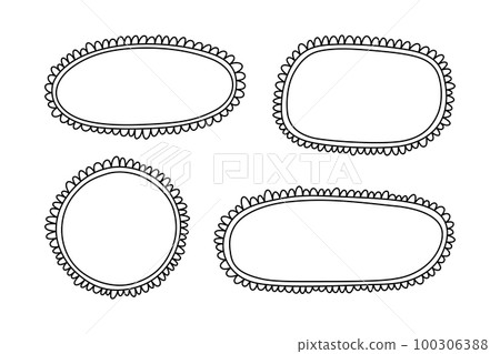 Doodle circle and square scalloped frames. Hand drawn scalloped edge rectangle and ellipse shapes. Simple label form. Flower silhouette lace frame. Vector illustration isolated on white background 100306388