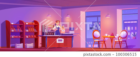 Female seller working at bakery shop at night 100306515