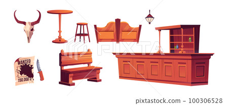 Cartoon set of cowboy saloon interior elements Cartoon set of cowboy saloon interior elements 100306528