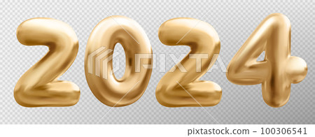 3d gold balloon number 2024 new year, realistic 100306541