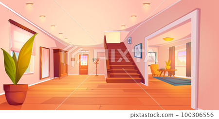 Cartoon house hallway and living room interior 100306556