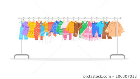 Baby clothes on a long shop hanger rack. Little boy and girl different garments hanging on store hanger stand. Children dresses, shirts, pants and coat. Flat cartoon illustration. Sale or second hand 100307018