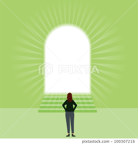 Business image Illustration of an oriental woman with a door and a back view of an 8th person Future career advancement path Business image Illustration of an oriental woman with a door and a back view of an 8th person Future career advancement path 100307218