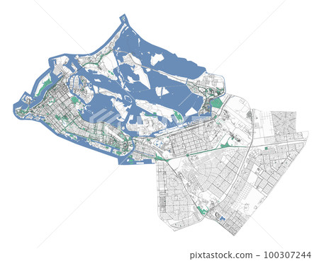 Abu Dhabi map, administrative territory of the city. UAE capital detailed city plan. Roads, parks, islands and coastline. 100307244