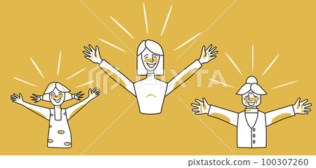 Happy female set. Young, adult and old women with emotion of happiness, smiling, open arms, joyful sun rays. Orange and white colors, line art drawing. Happy female set. Young, adult and old women with emotion of happiness, smiling, open arms, joyful sun rays. Orange and white colors, line art drawing. 100307260