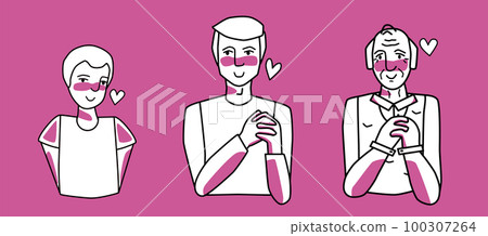 Male in love set. Collection of beloved young, adult and old men with passion, smiling. Pink and white colors, line art drawing. 100307264